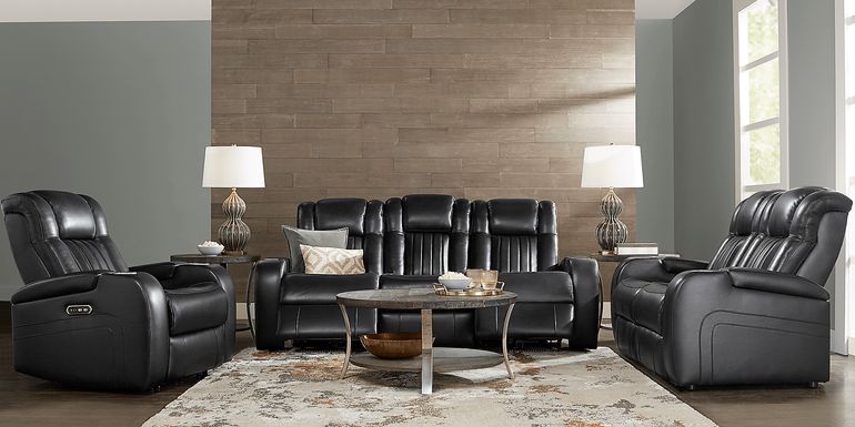 Cenova Black Leather 7 Pc Living Room with Dual Power Reclining Sofa