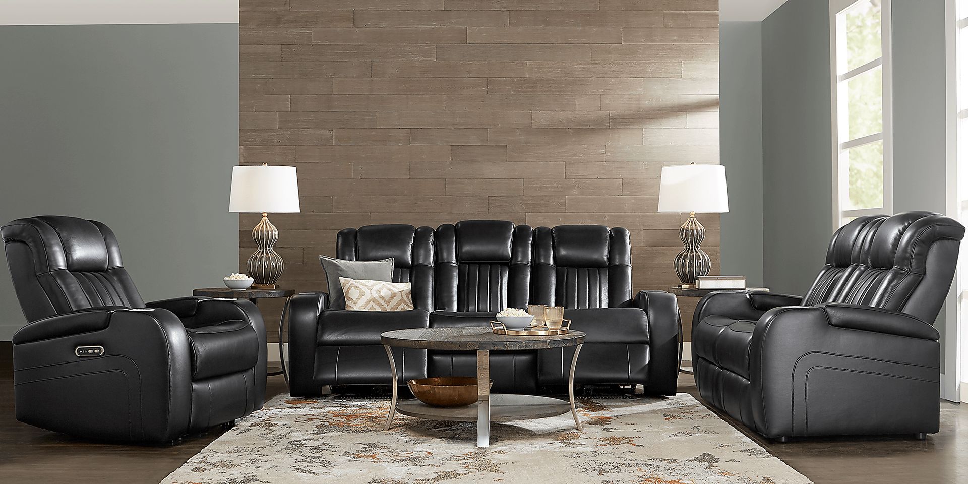 Cenova Black Leather 7 Pc Living Room with Power Reclining Sofa - Image 1