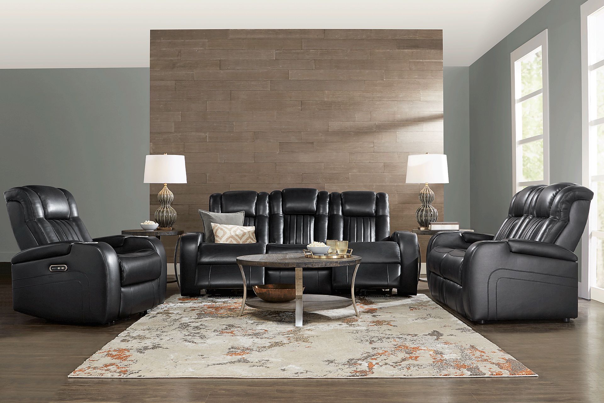 Cenova Black Leather 8 Pc Living Room with Dual Power Reclining Sofa - Image 1