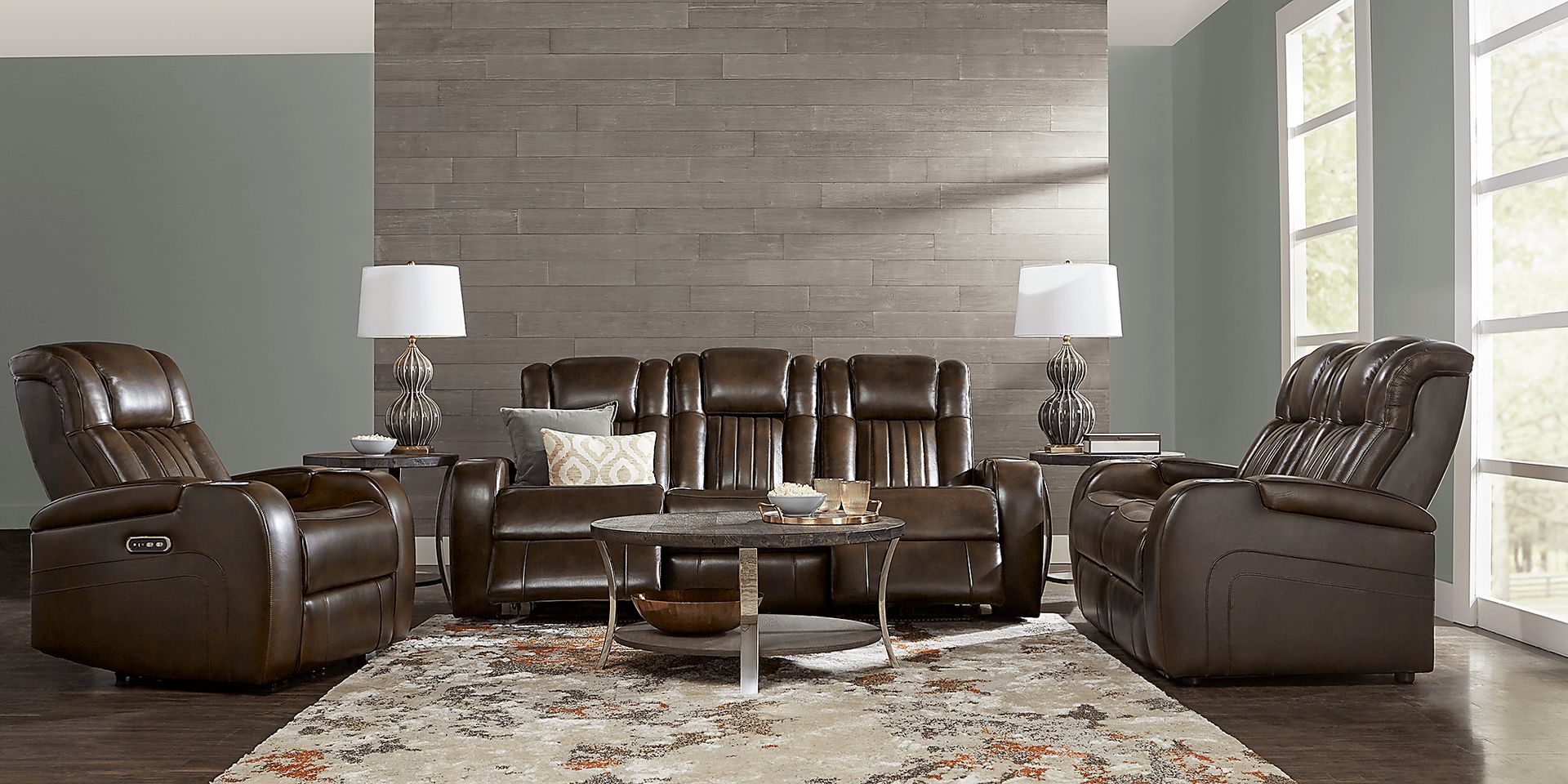 Cenova Brown Leather 3 Pc Living Room with Dual Reclining Sofa - Image 2