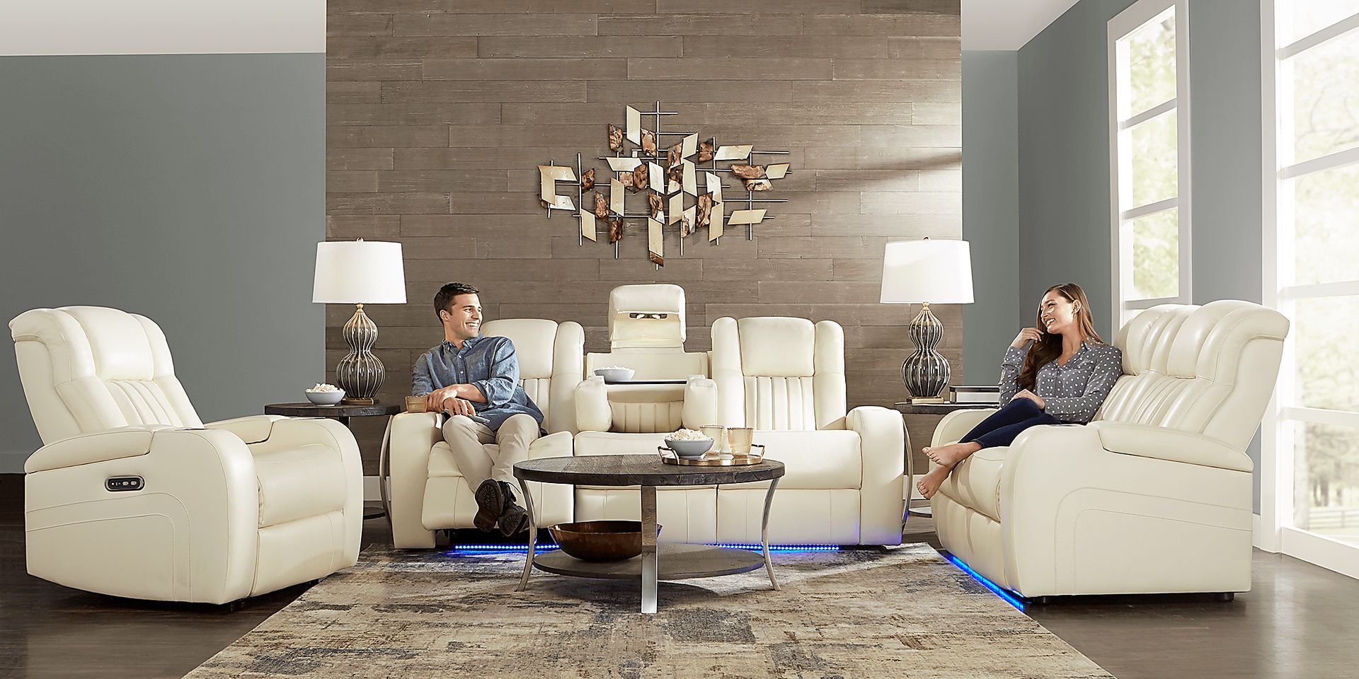 Cenova Ivory Leather 2 Pc Living Room with Dual Power Reclining Sofa - Image 2