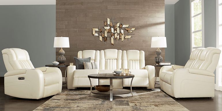 Cenova Ivory Leather 2 Pc Living Room with Dual Power Reclining Sofa