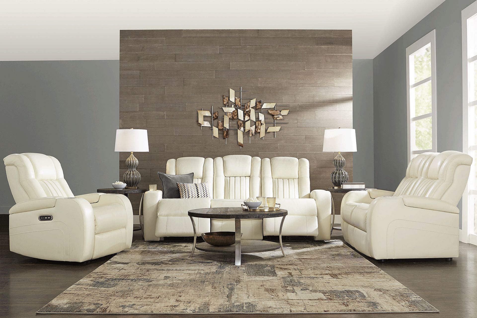 Cenova Ivory Leather 3 Pc Living Room with Dual Power Reclining Sofa - Image 1