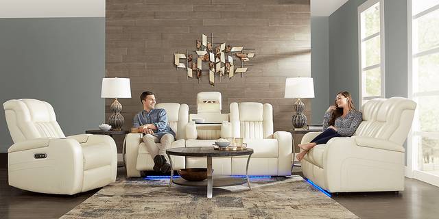 Cenova Ivory Leather 3 Pc Living Room with Dual Power Reclining Sofa - Thumbnail - Image 2