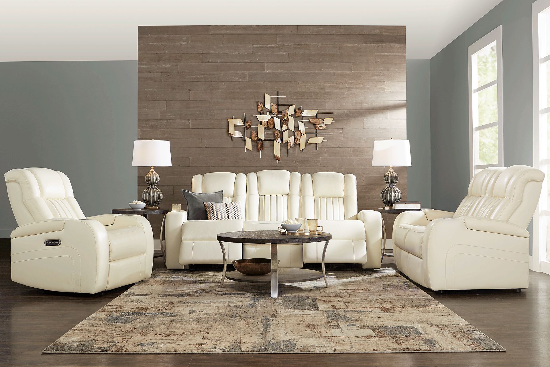 Cenova 7 Pc Ivory Beige Leather Living Room Set With Dual Power