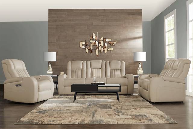 Cenova Ivory Leather 7 Pc Living Room with Dual Power Reclining Sofa - Thumbnail - Image 1