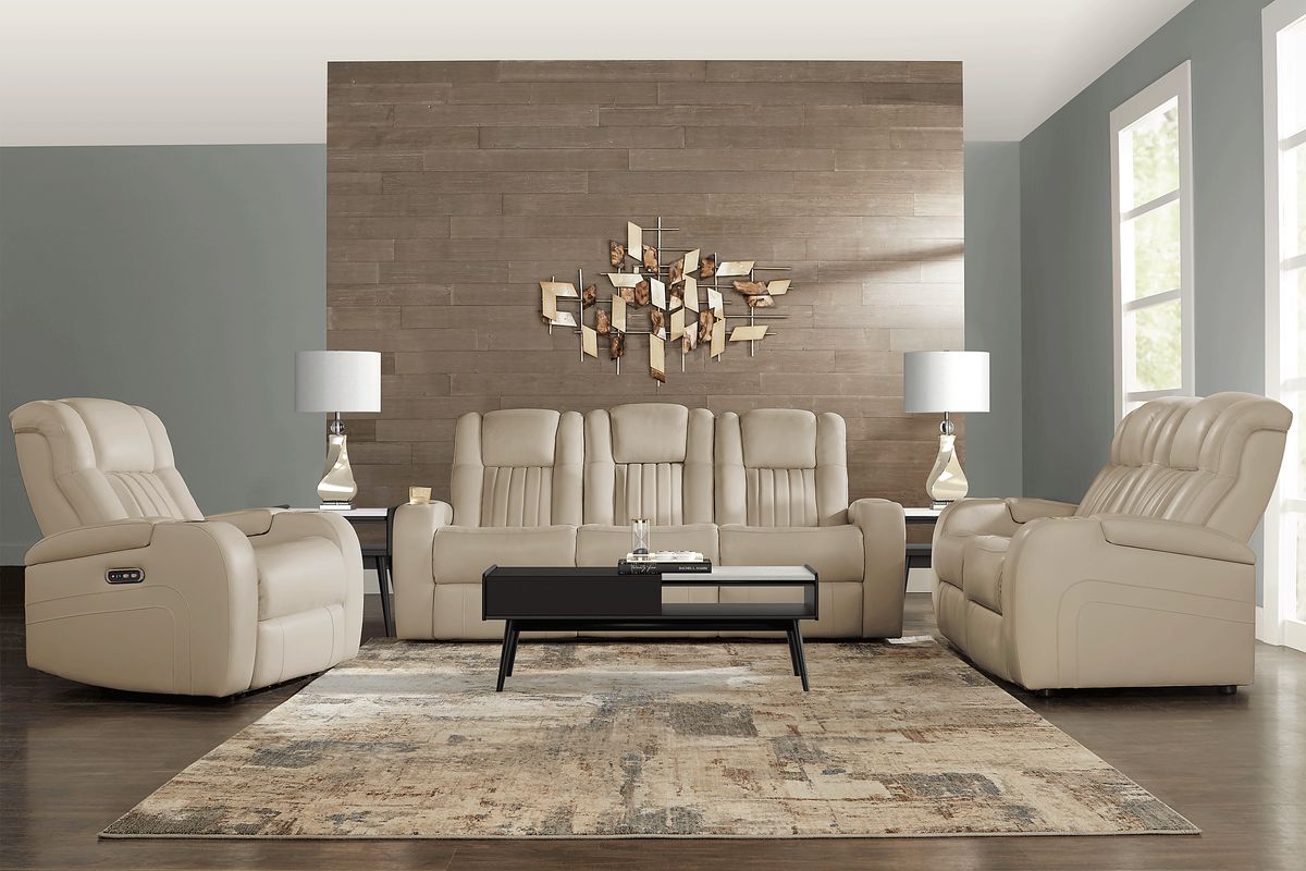 Cenova 7 Pc Ivory Beige Leather Living Room Set With Power Reclining ...
