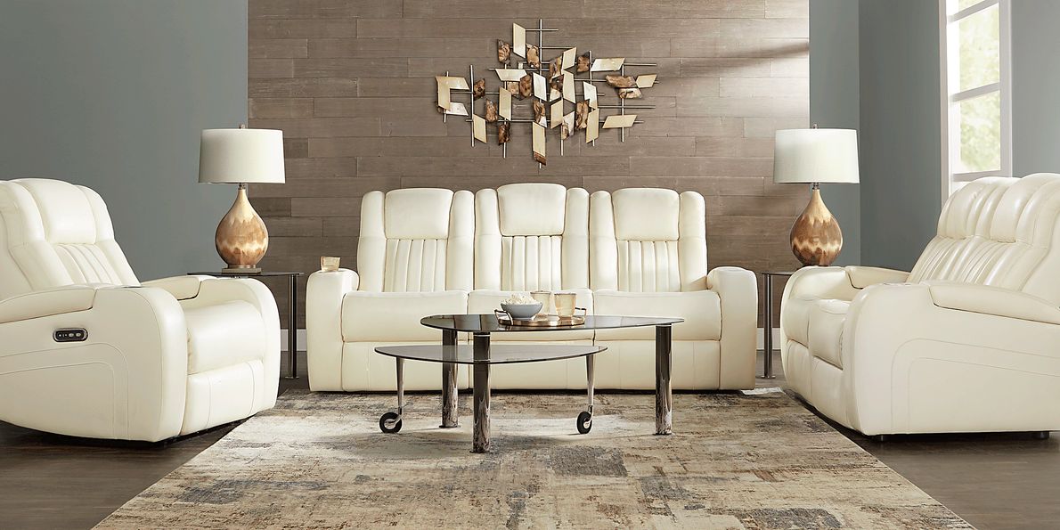 Cenova 7 Pc Ivory Beige Leather Living Room Set With Dual Power ...
