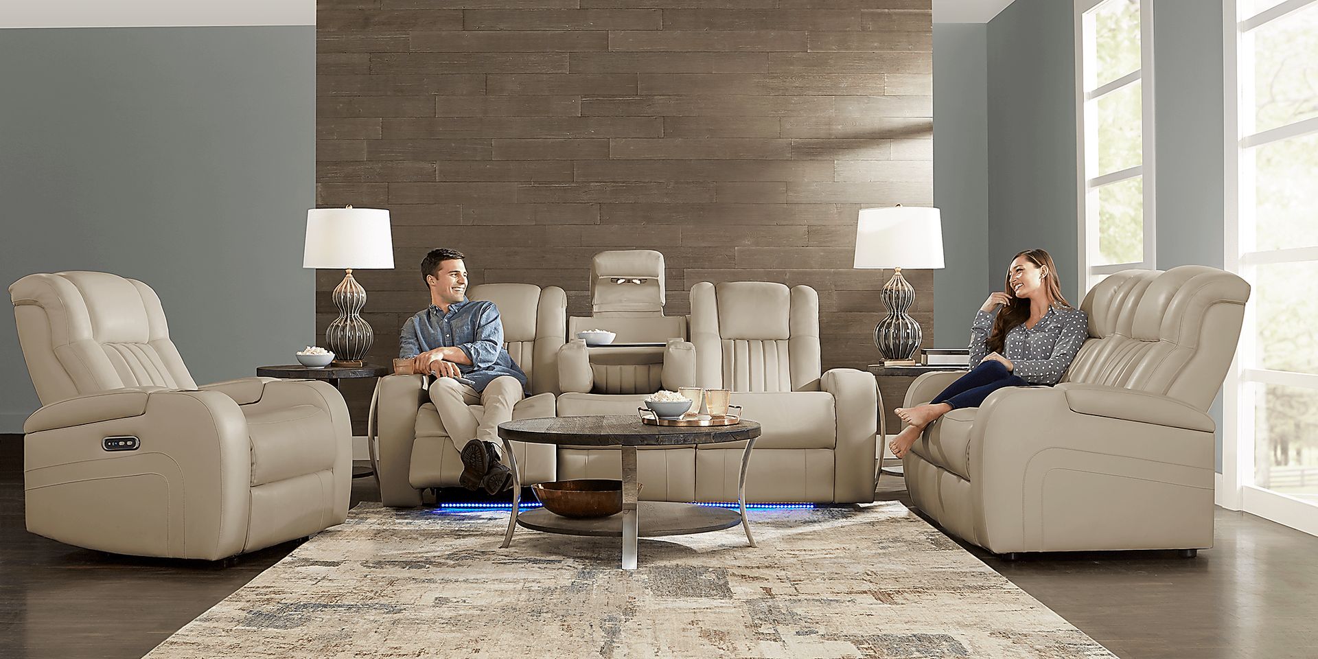 Cenova Taupe Leather 3 Pc Living Room with Dual Power Reclining Sofa - Image 2