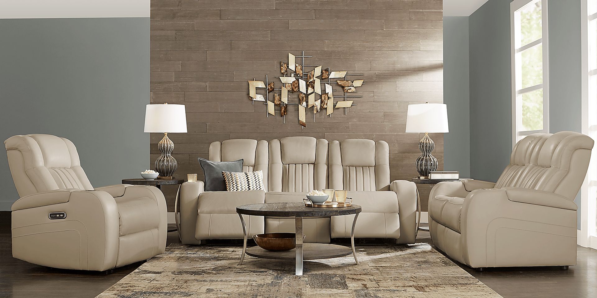 Cenova Taupe Leather 3 Pc Living Room with Dual Power Reclining Sofa - Image 1