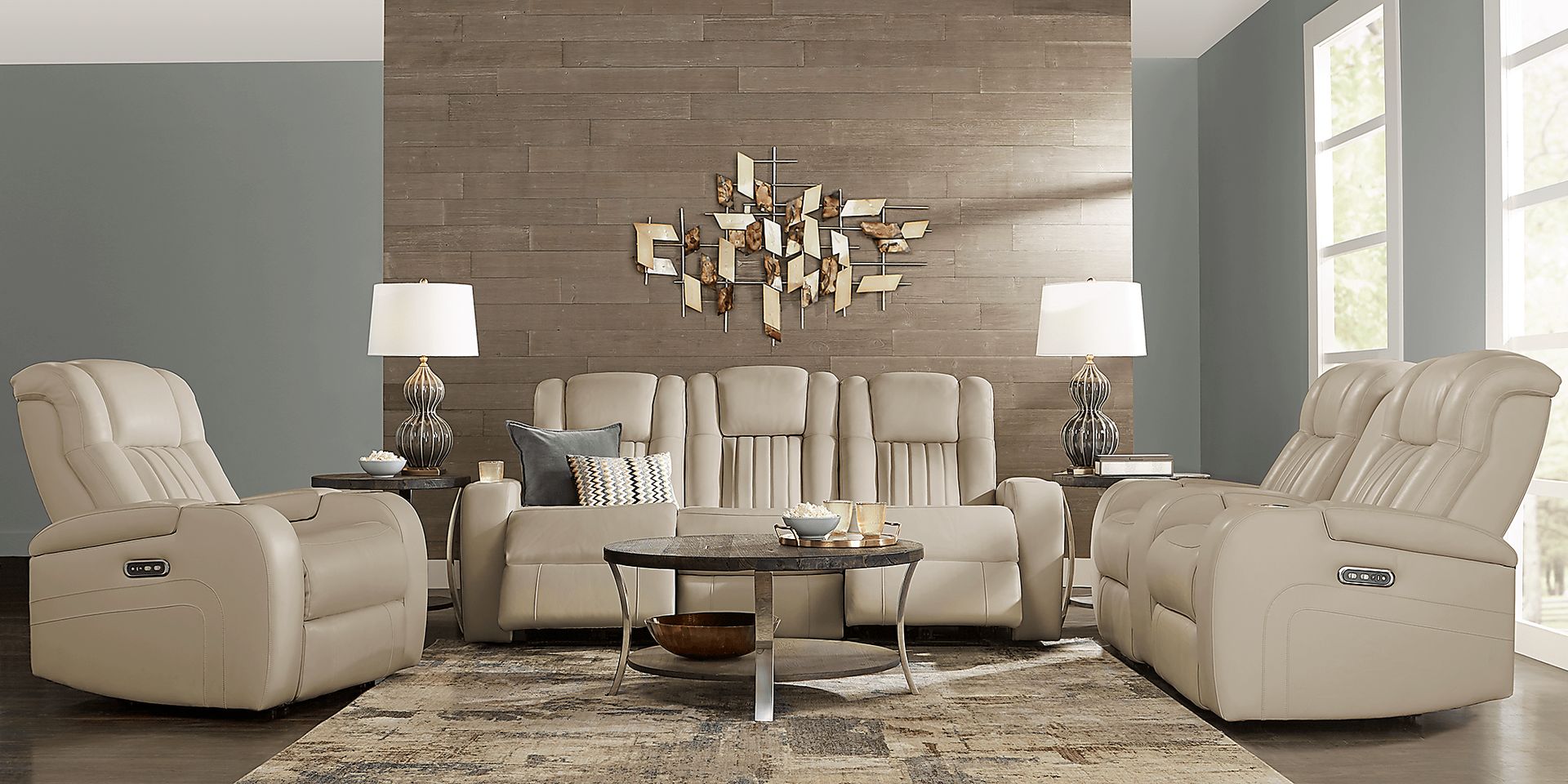 Cenova Taupe Leather 7 Pc Living Room with Power Reclining Sofa - Image 1