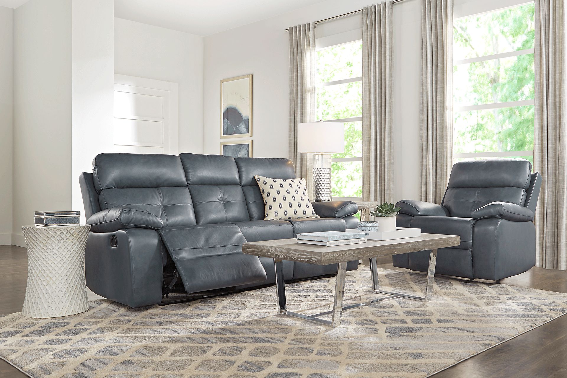 Cepano Blue Leather 2 Pc Living Room with Reclining Sofa - Image 1