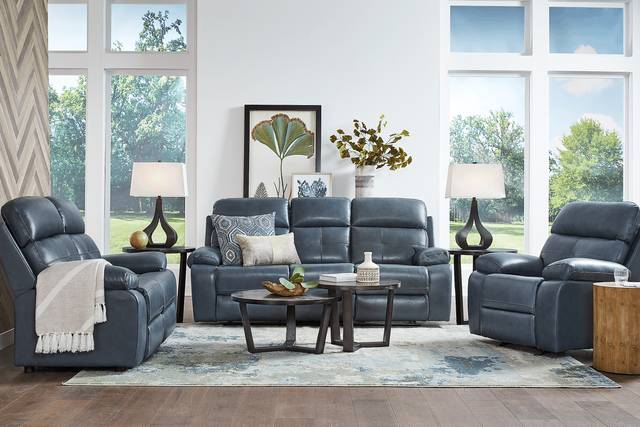 Cepano Blue Leather 2 Pc Living Room with Reclining Sofa - Thumbnail - Image 1