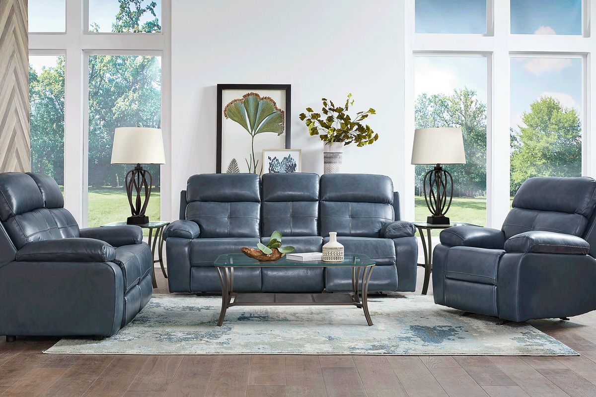 Cepano 7 Pc Blue Leather Manual Reclining Living Room Set With