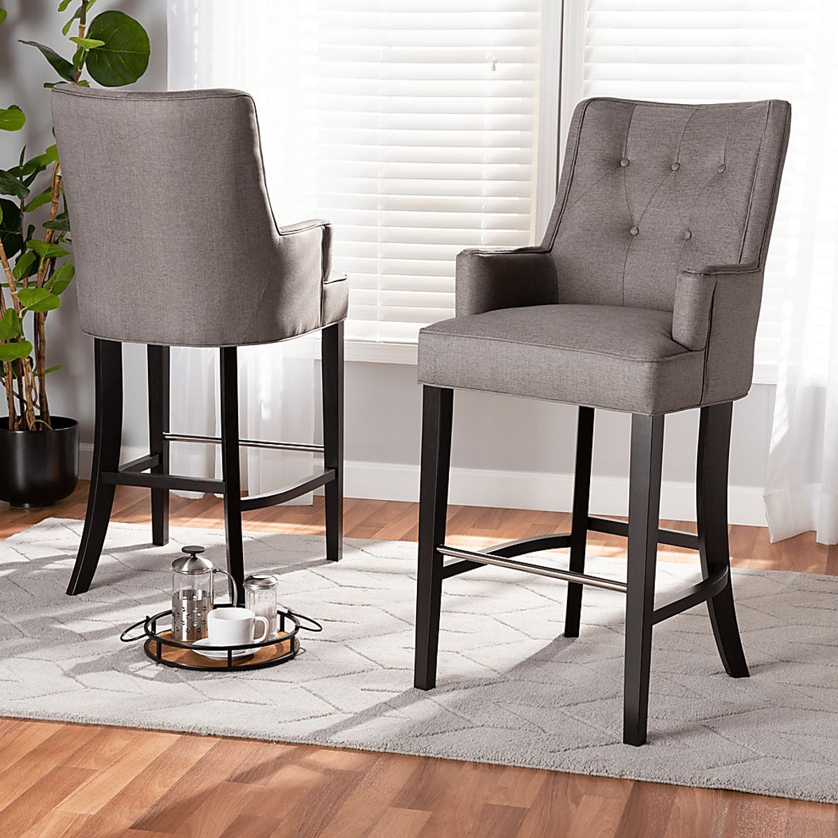Chalfant Brown Dark Wood Gray Barstool | Rooms to Go