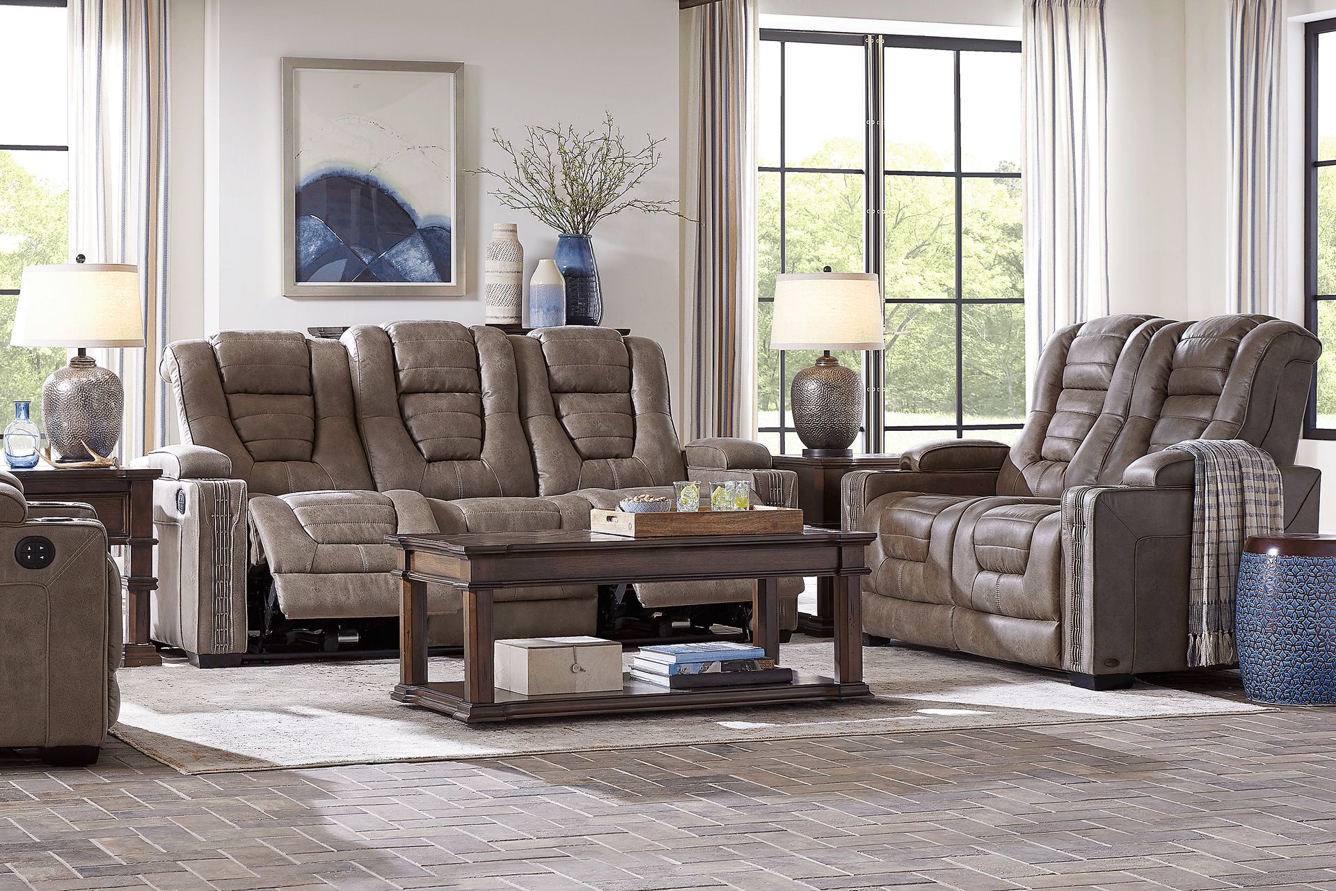 Chief Taupe 7 Pc Living Room with Dual Power Reclining Sofa - Image 1