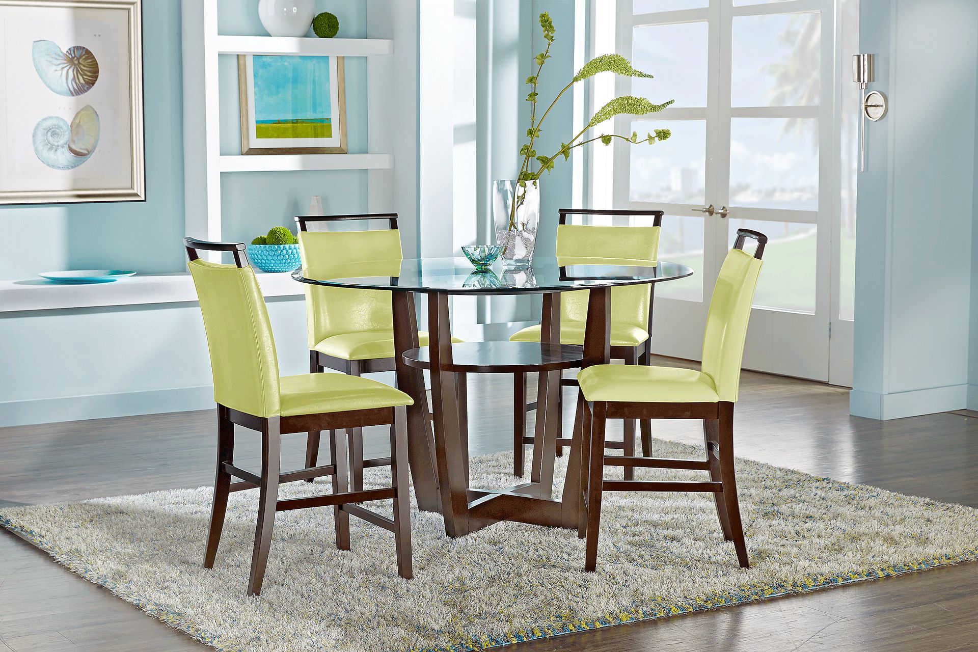Ciara Espresso 5 Pc 48" Round Counter Height Dining Set with Green Stools - Image 1
