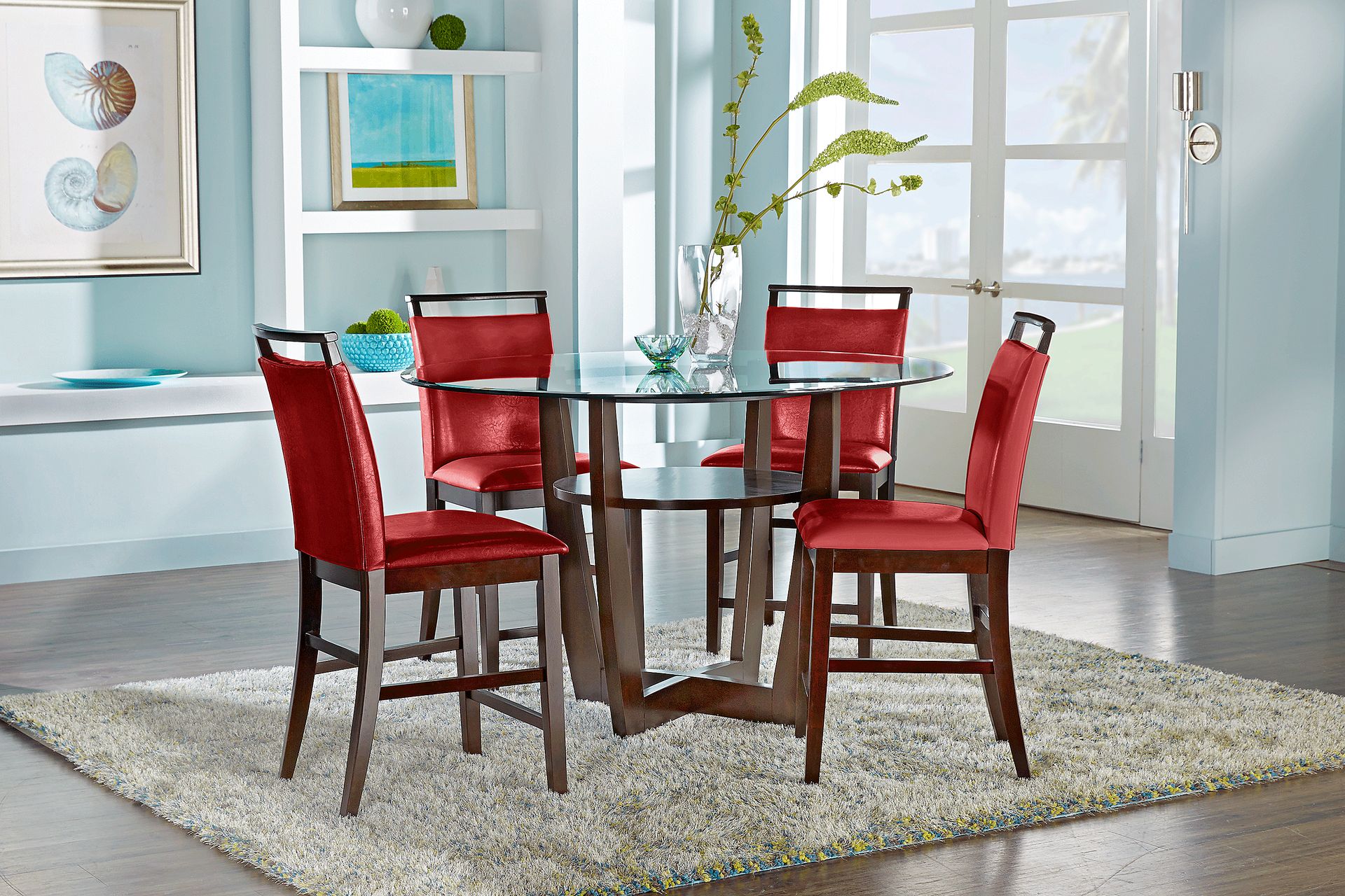 Ciara Espresso 5 Pc 48" Round Counter Height Dining Set with Red Stools - Image 1