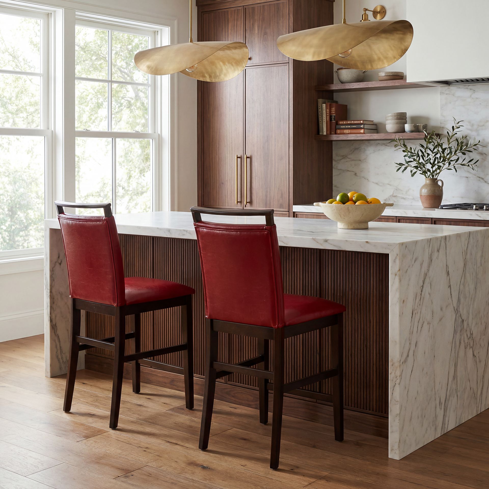 Ciara Espresso 5 Pc 48" Round Counter Height Dining Set with Red Stools - Image 6
