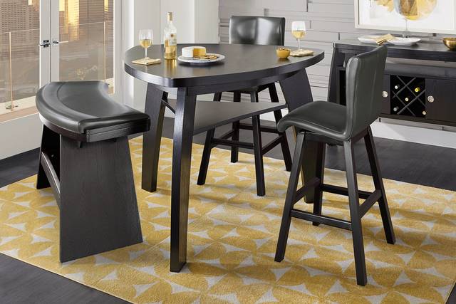 Cider Creek Chocolate 4 Pc Bar Height Dining Room With Gray Stools and Curved Bench - Thumbnail - Image 1