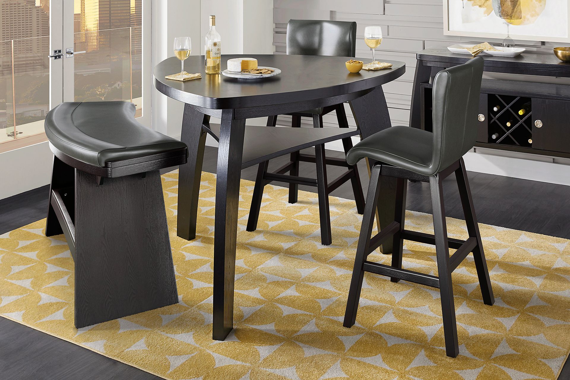Cider Creek Chocolate 4 Pc Bar Height Dining Room With Gray Stools and Curved Bench - Image 1