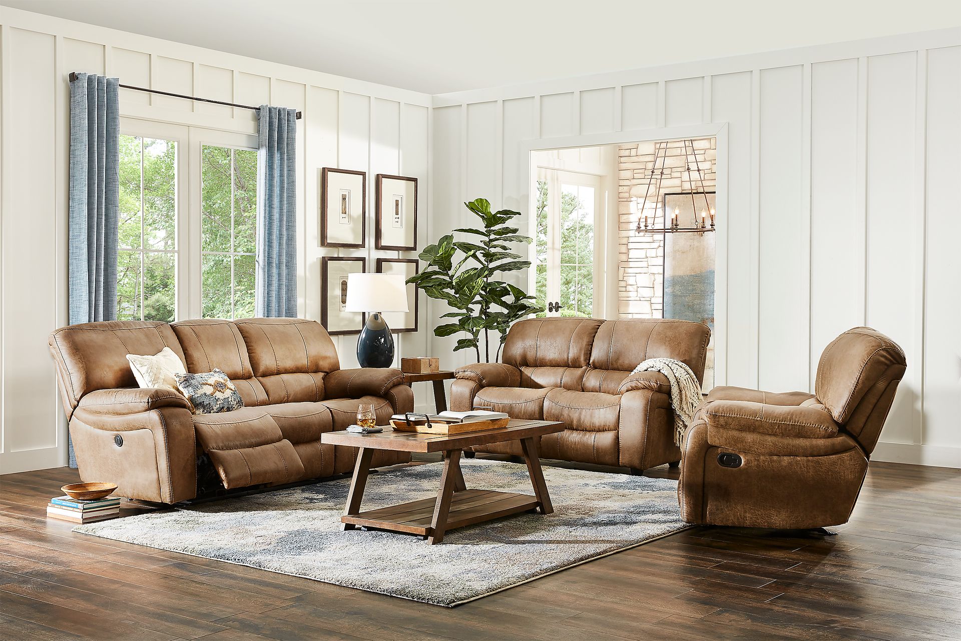 Cindy Crawford Alpen Ridge 5 Pc Tan Beige Brown Microfiber Manual Reclining Living Room Set With Reclining Sofa Stationary Loveseat 3 Pc Table Set Rooms to Go