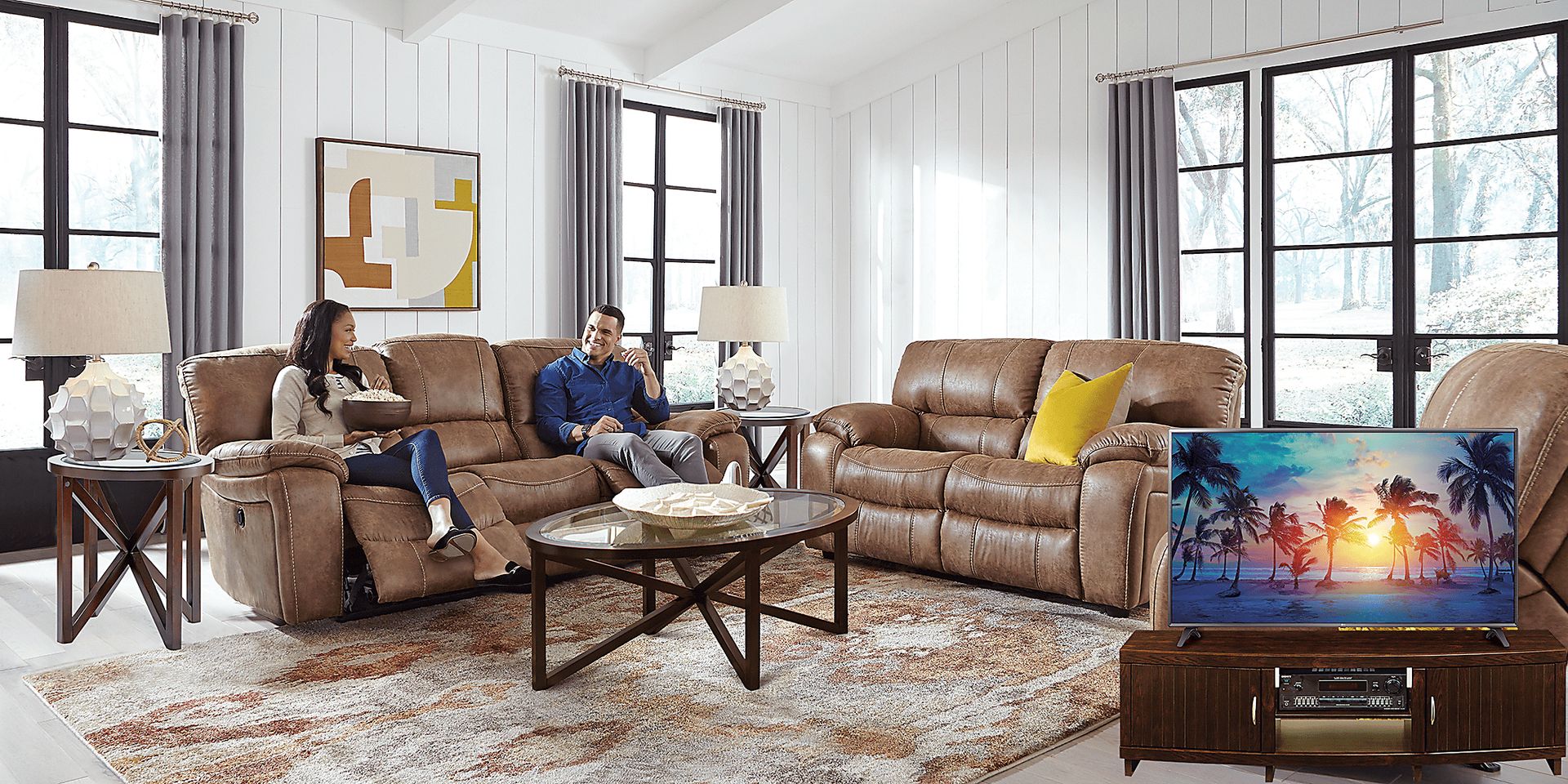 Cindy Crawford Home Alpen Ridge Tan 6 Pc Living Room Plus 65 in. TV - Image 1
