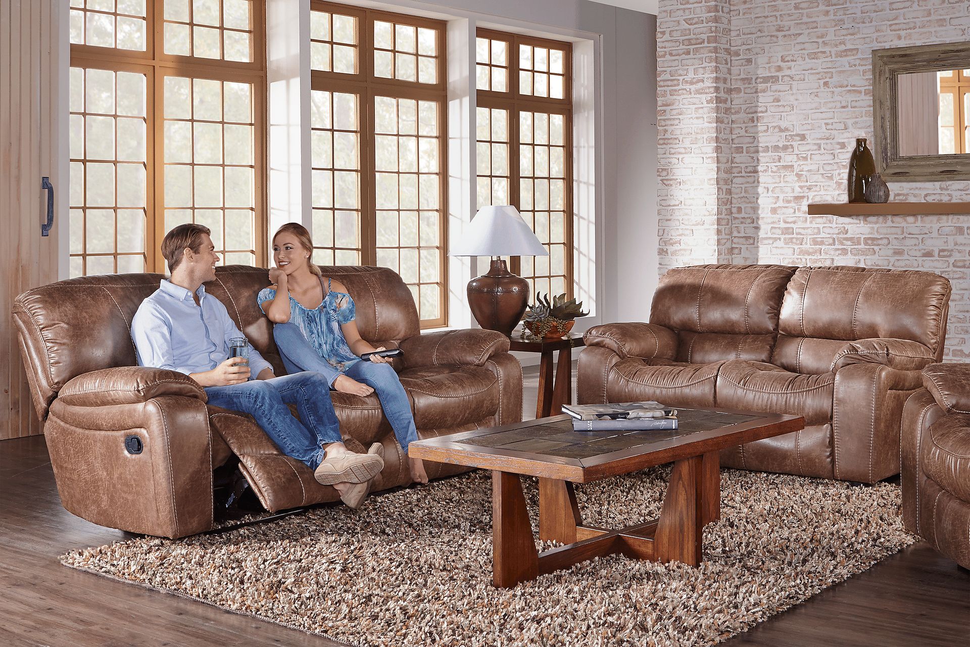 Cindy Crawford Home Alpen Ridge Tan 7 Pc Living Room with Reclining Sofa - Image 1