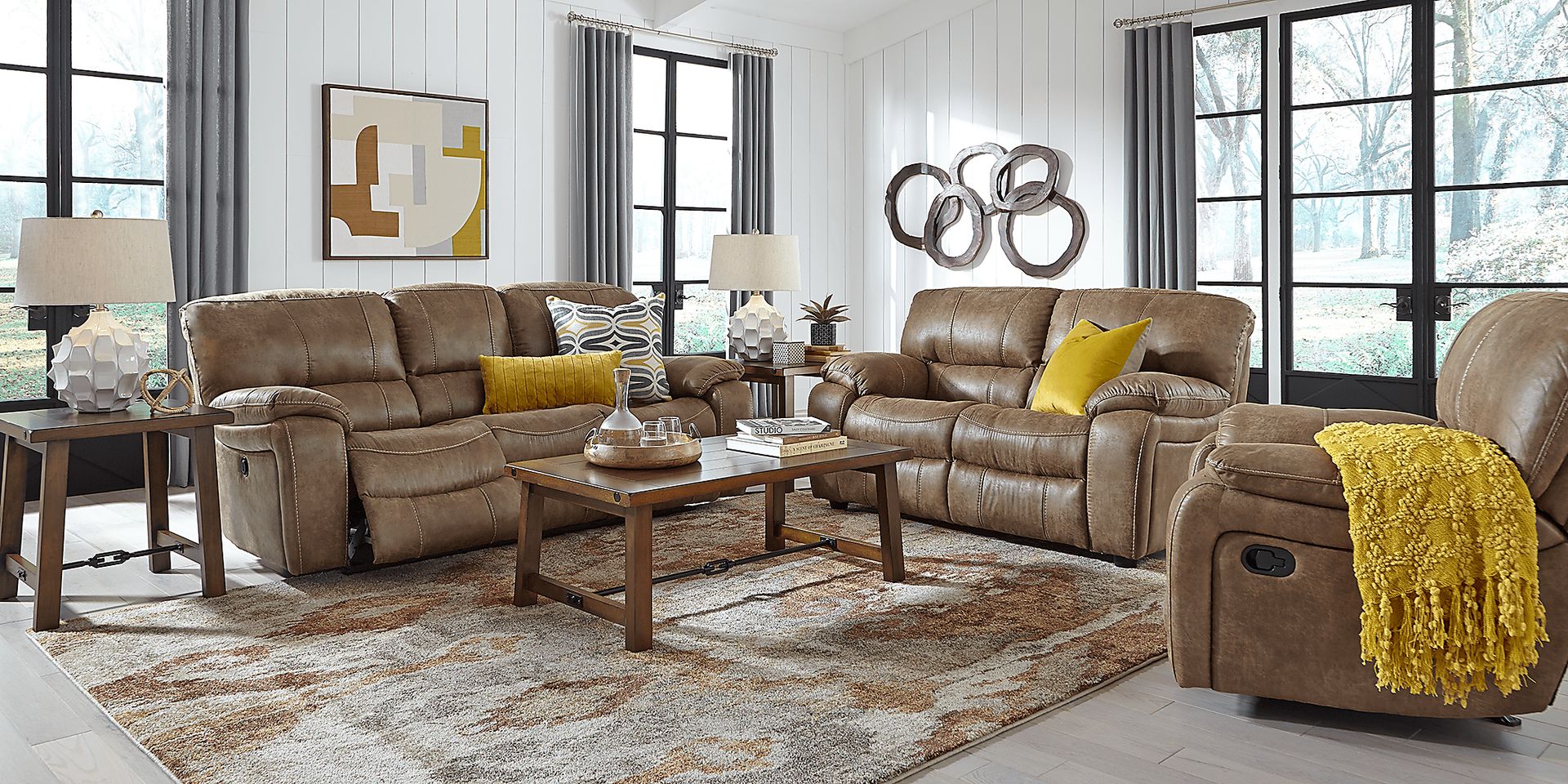 Cindy Crawford Home Alpen Ridge Tan 5 Pc Living Room with Reclining Sofa - Image 1