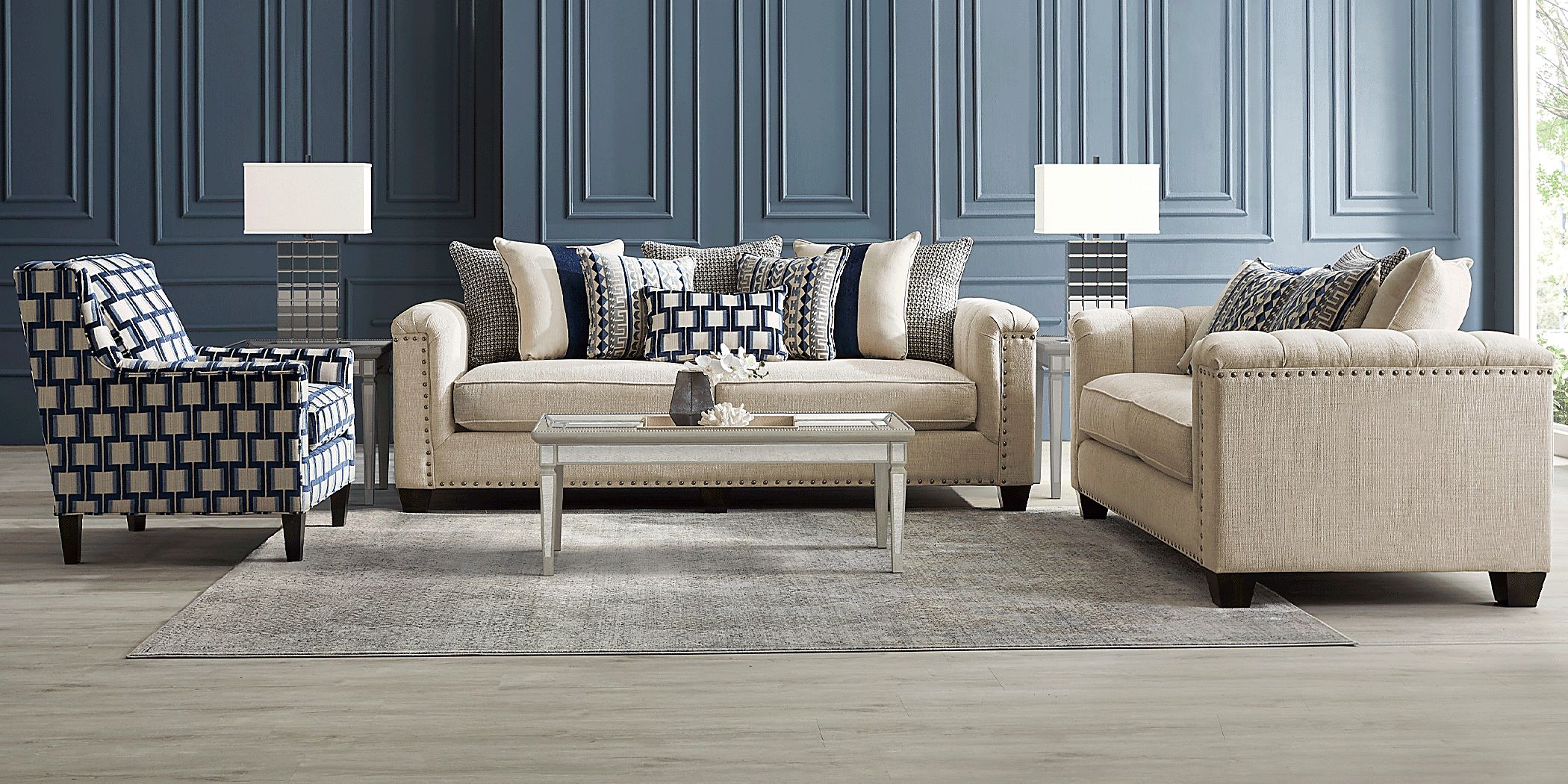 Cindy Crawford Asher Place 7 Pc Beige Woven Premium Sleeper Living Room Set With Loveseat Sleeper 3 Pc Table Set Lamp