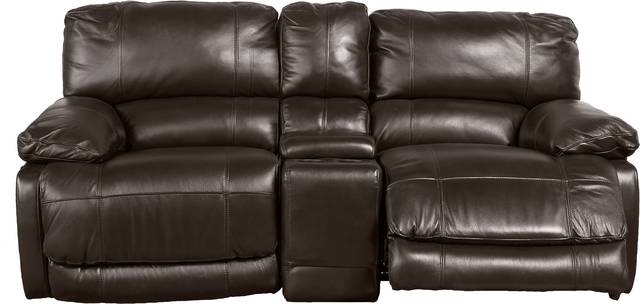 Cindy Crawford Home Auburn Hills Brown Leather Reclining Glider Console Loveseat - Thumbnail - Image 1