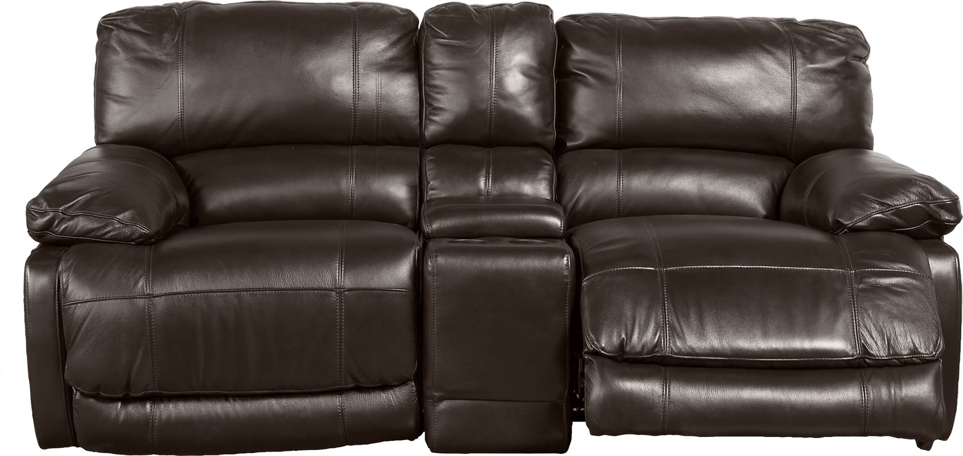 Cindy Crawford Home Auburn Hills Brown Leather Reclining Glider Console Loveseat - Image 1