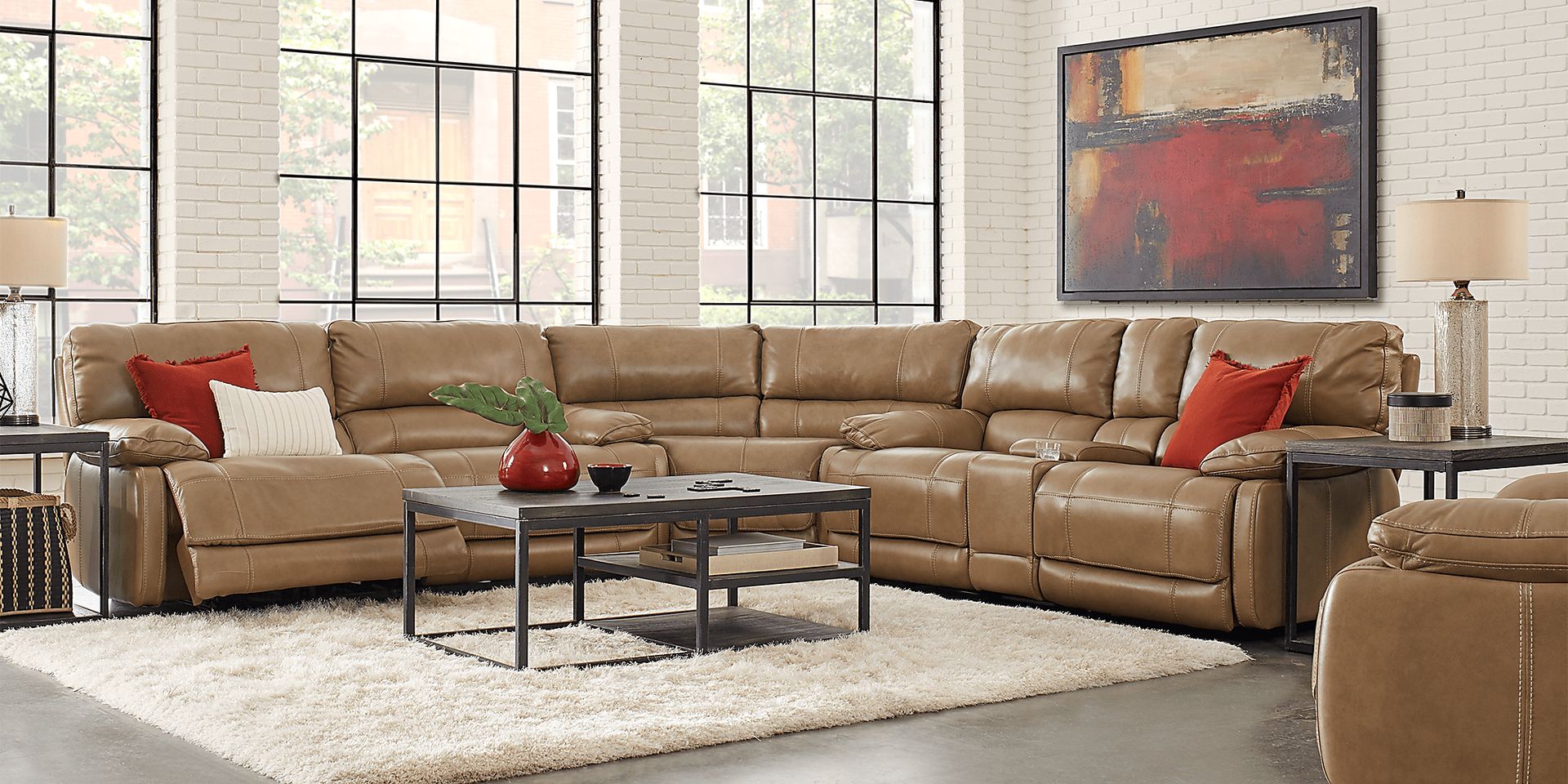 Cindy Crawford Auburn Hills 6 Pc Mushroom Brown Leather Manual Reclining Sectional Living Room