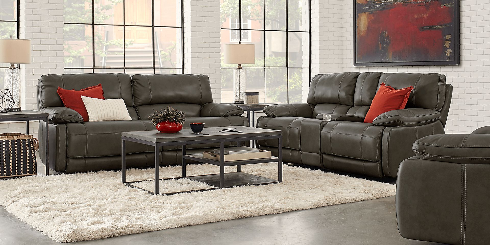 Cindy Crawford Home Auburn Hills Steel Leather 3 Pc Reclining Living Room - Image 1