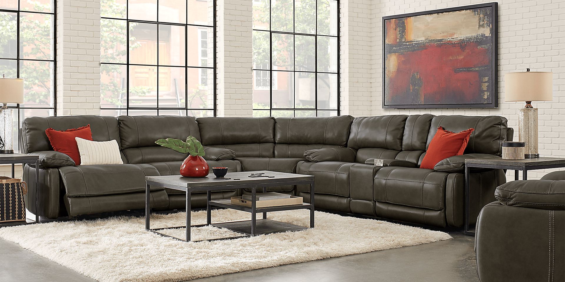 Cindy Crawford Home Auburn Hills Steel Leather 6 Pc Sectional Living Room - Image 1