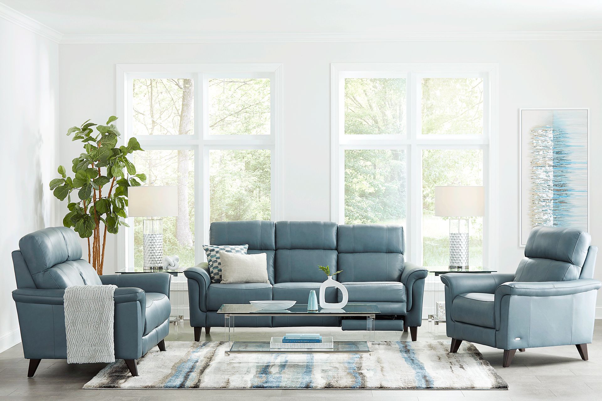 Avezzano Blue Leather 3 Pc Dual Power Reclining Living Room - Image 1