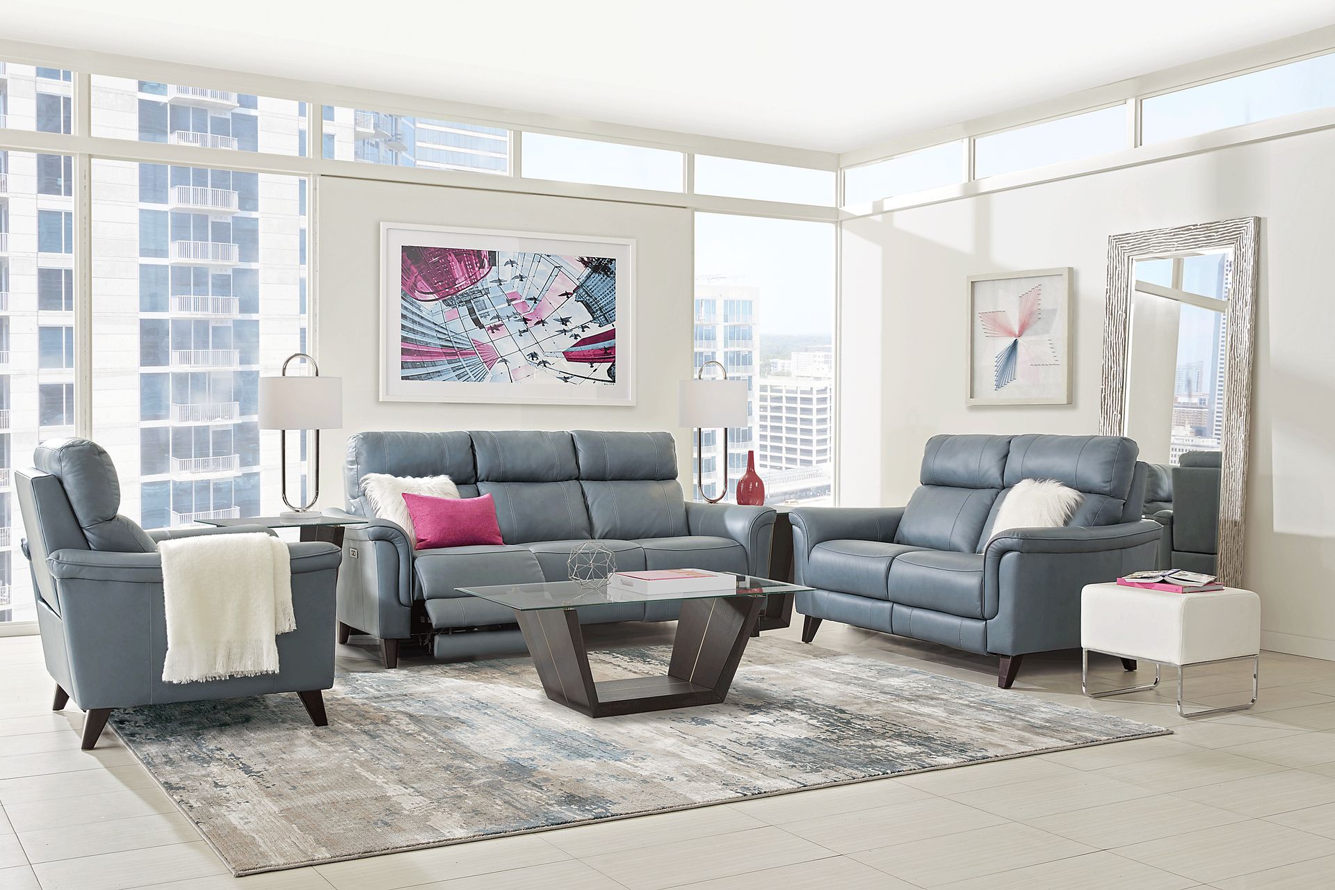 Cindy Crawford Home Avezzano Blue 3 Pc Leather Living Room with Dual Power Reclining Sofa - Image 1