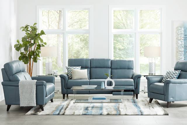Avezzano Blue Leather 3 Pc Living Room with Dual Power Reclining Sofa - Thumbnail - Image 1