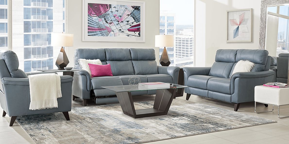 Cindy Crawford Avezzano 5 Pc Blue Leather Living Room Set With Power Reclining Sofa Stationary Loveseat 3 Table Rooms To Go