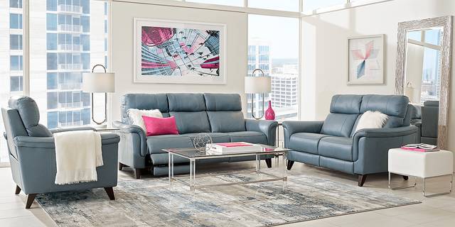 Cindy Crawford Home Avezzano Blue 5 Pc Leather Living Room with Dual Power Reclining Sofa - Thumbnail - Image 1