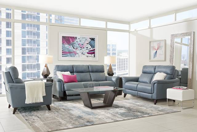 Cindy Crawford Home Avezzano Blue 7 Pc Leather Living Room with Dual Power Reclining Sofa - Thumbnail - Image 1