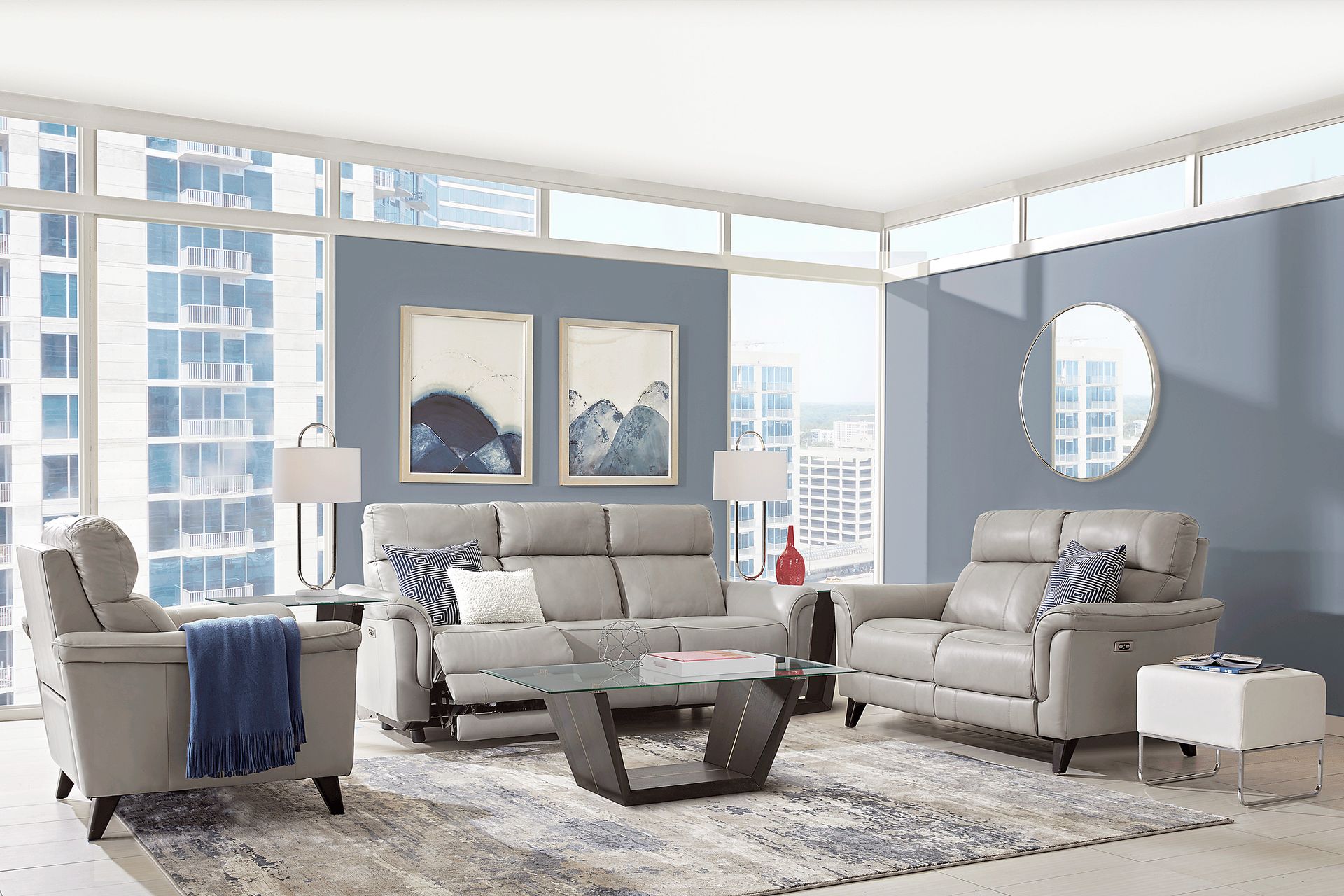 Cindy Crawford Avezzano 3 Pc Stone Beige Leather Living Room