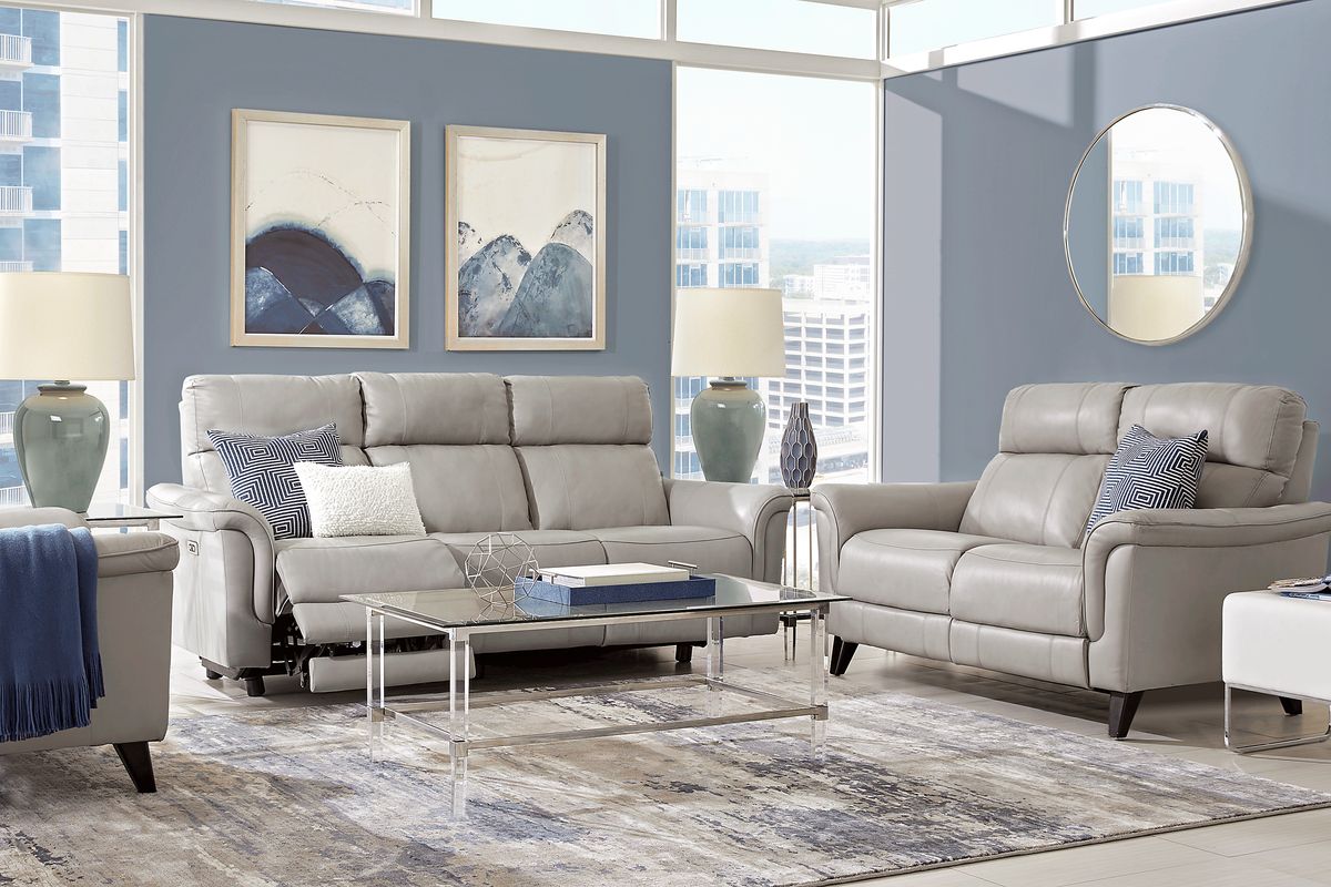 Cindy Crawford Beige Leather Living Room