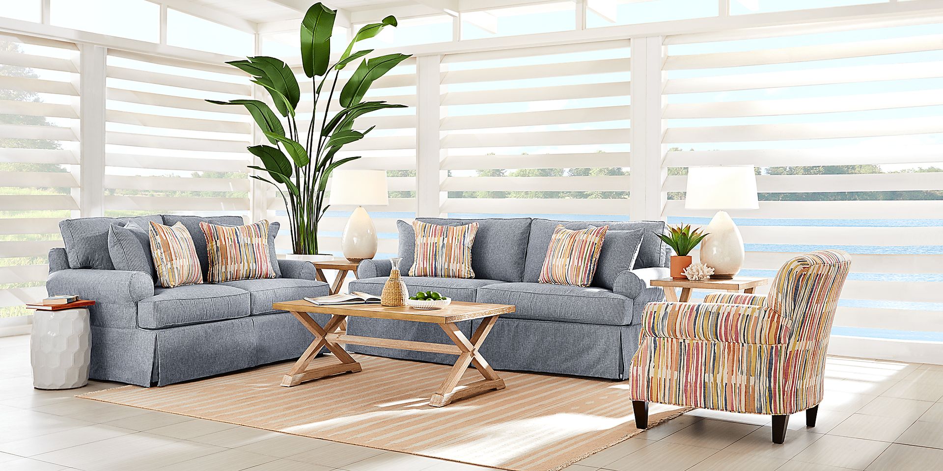 Cindy Crawford Beachside Walk 5 Pc Blue Cotton Fabric Living Room Set ...