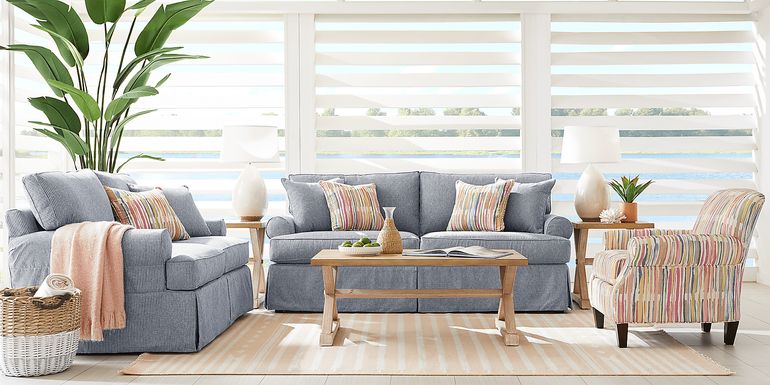 Cindy Crawford Home Beachside Walk Blue Denim 7 Pc Living Room with Sleeper Sofa