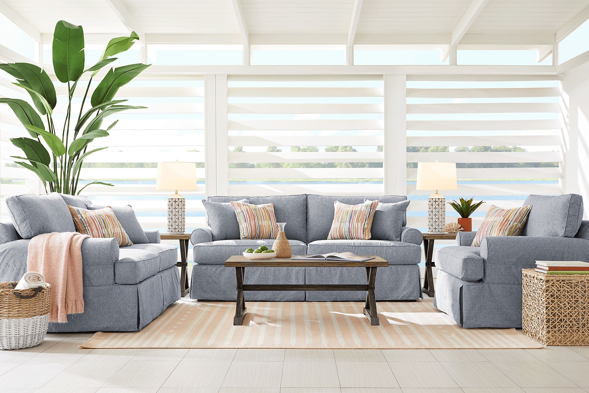 Cindy Crawford Home Beachside Walk Blue Denim 8 Pc Living Room - Image 1