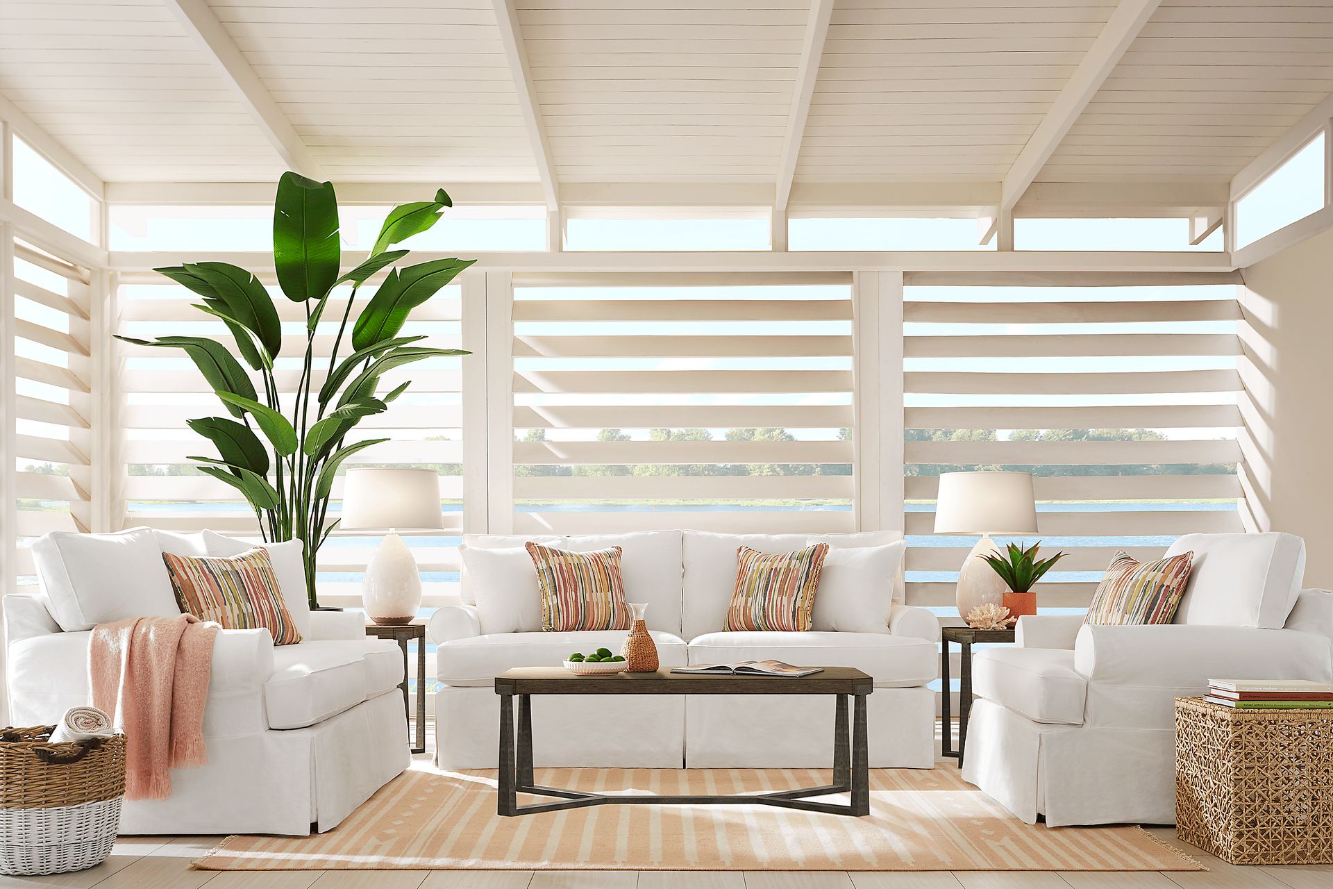 Cindy Crawford Home Beachside Walk White Denim 7 Pc Living Room with Gel Foam Sleeper Sofa - Image 1