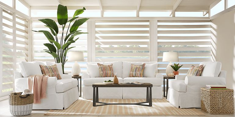 Cindy Crawford Home Beachside Walk White Denim 7 Pc Living Room with Gel Foam Sleeper Sofa