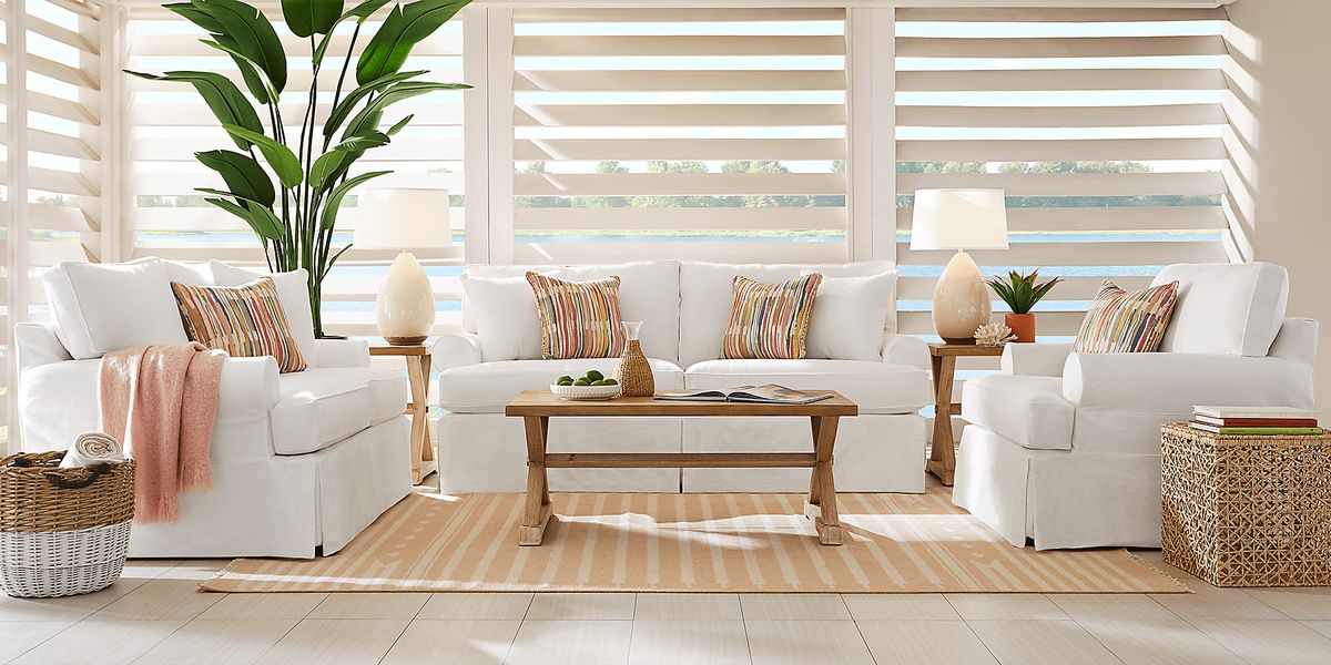 Cindy Crawford Home Beachside Walk White Denim Slipcover 7 Pc Living Room with Sleeper Sofa