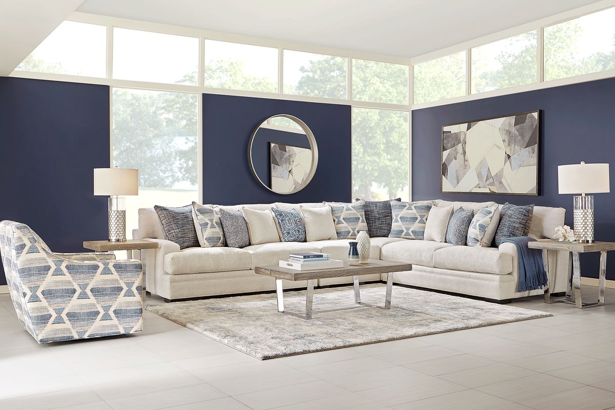 Cindy Crawford Bedford Park 7 Pc Ivory Beige Polyester Fabric Living